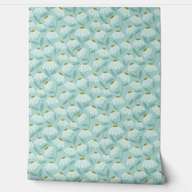 Floral Daisies Pattern Teal Blue & Olive Green Wallpaper (Unrolling)