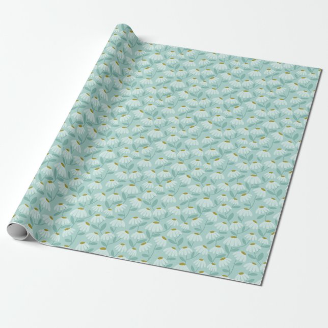 Floral Daisies Pattern Teal Blue & Olive Green Wrapping Paper (Unrolled)