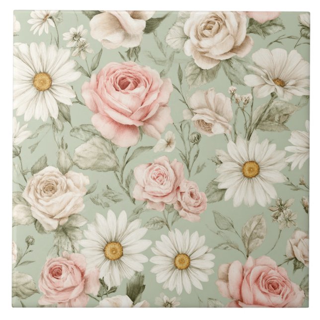 Floral Daisies Roses Watercolor Design Tile (Front)