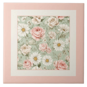 Floral Daisies Roses Watercolor Pink Tile