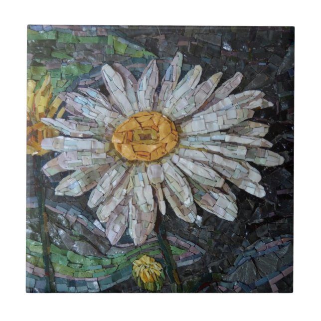 Floral Daisy Art Collage Blue Green Tile (Front)