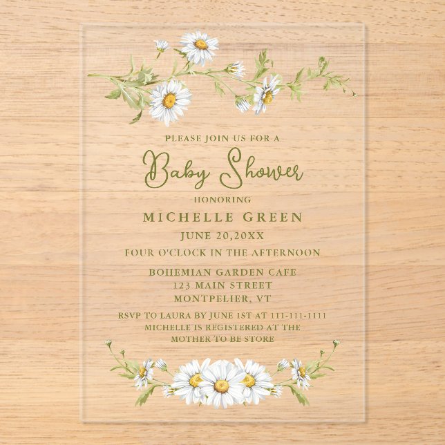 Floral Daisy Garden Botanical Baby Shower Acrylic Invitations (Front)