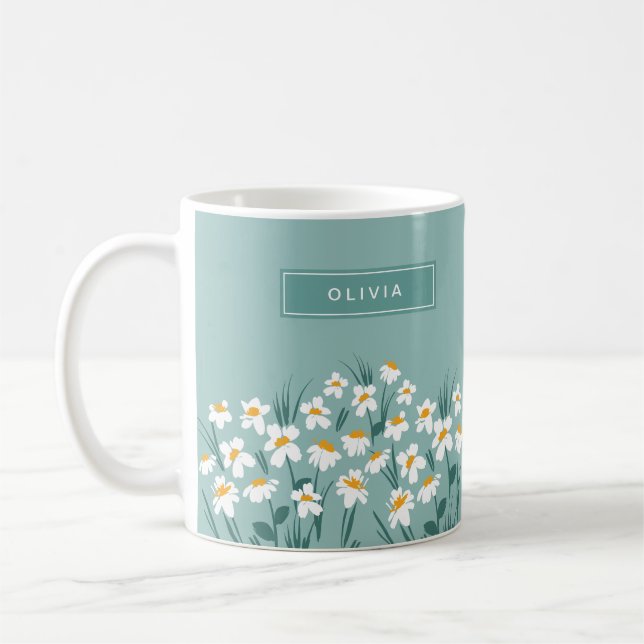 Floral daisy modern personalised cute elegant blue coffee mug (Left)