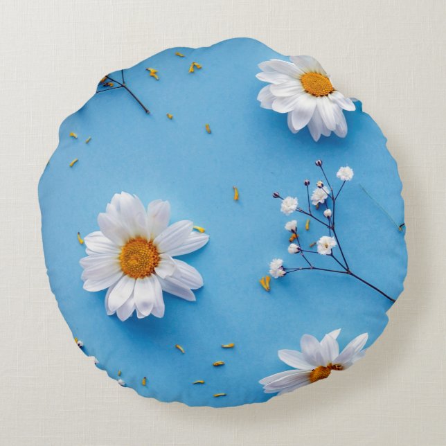 Floral Daisy Pattern - Light Blue Round Cushion (Back)
