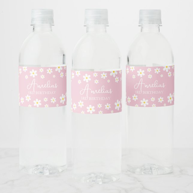 Floral Daisy Pink Party Water Bottle Label (Bottles)