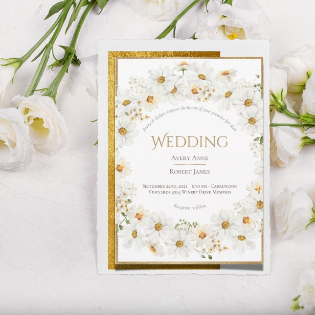 Floral Daisy Wreath Gold Wedding Invitation (Creator Uploaded)