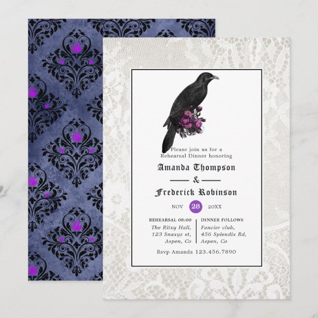 Floral Damask and Lace Gothic Rehearsal Dinner Invitation (Front/Back)