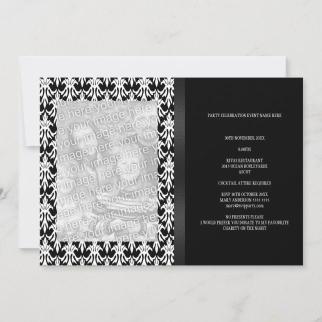 Floral Damask Black & White Photo All Events Invitation (Front)