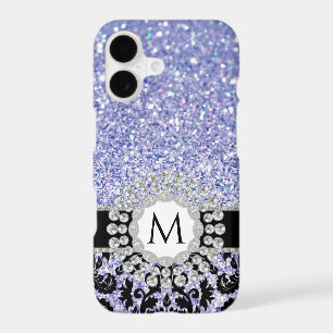 Floral Damask Bling Glitter Blue Silver Monogram