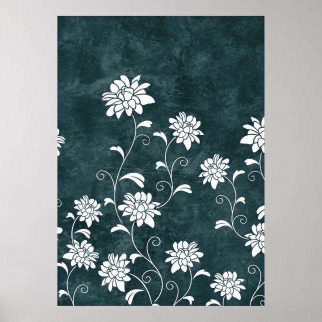 Floral damask blue & white flowers girly chic poster (Front)