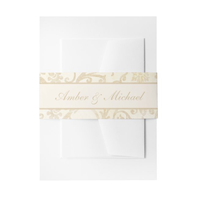 Floral Damask Creme and Beige Wedding Invitation Belly Band (Front Example)