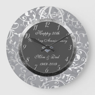 Floral Damask Diamond 50th Wedding Anniversary Large Clock