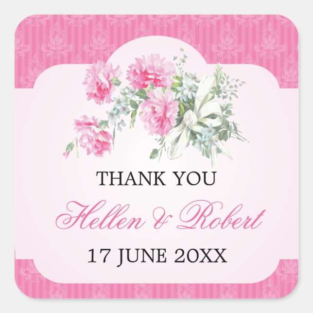 Floral Damask Elegant Wedding Thank You Favour Square Sticker (Front)