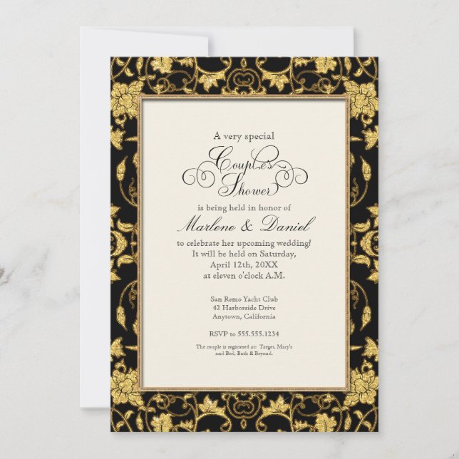 Floral Damask Glitter Gold Elegant Couples Shower  Invitation (Front)