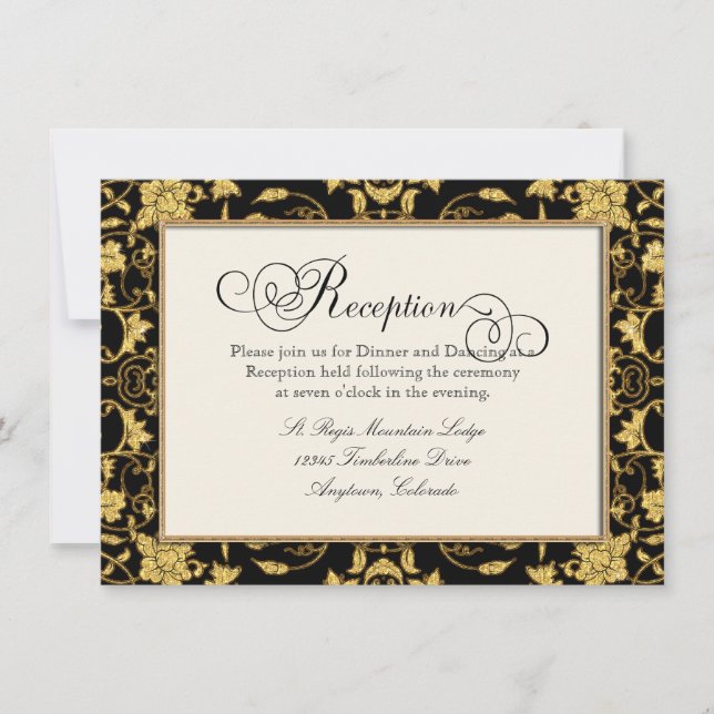 Floral Damask Gold Black Reception Wedding Invite (Front)