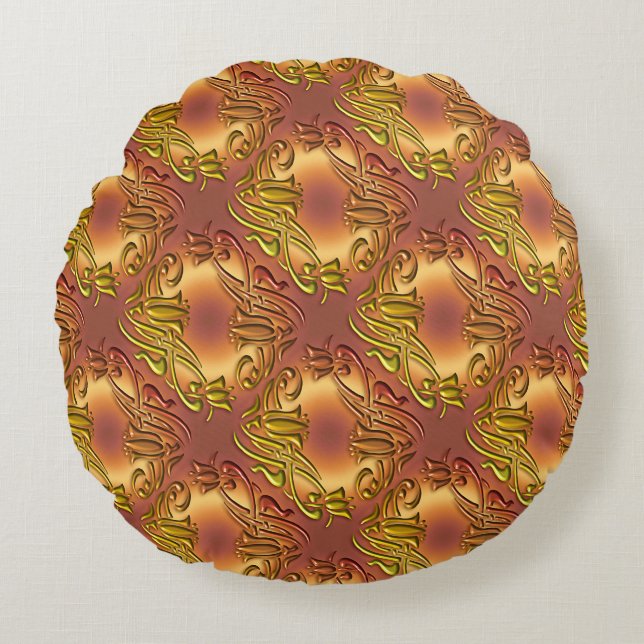 Floral damask golden pattern round cushion (Front)