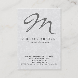 Floral Damask Grey Monogram Calligraphy Business Card