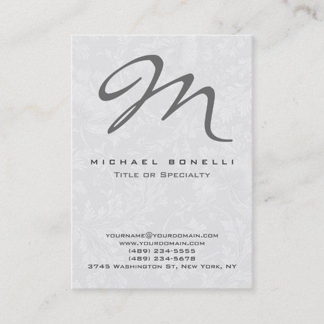Floral Damask Grey Monogram Calligraphy Business Card (Front)