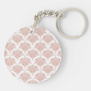 Floral Damask in Coral and White Key Ring
