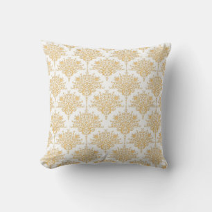Floral Damask in Yellow Gold and White Cushion