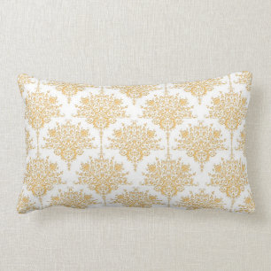 Floral Damask in Yellow Gold and White Lumbar Cushion