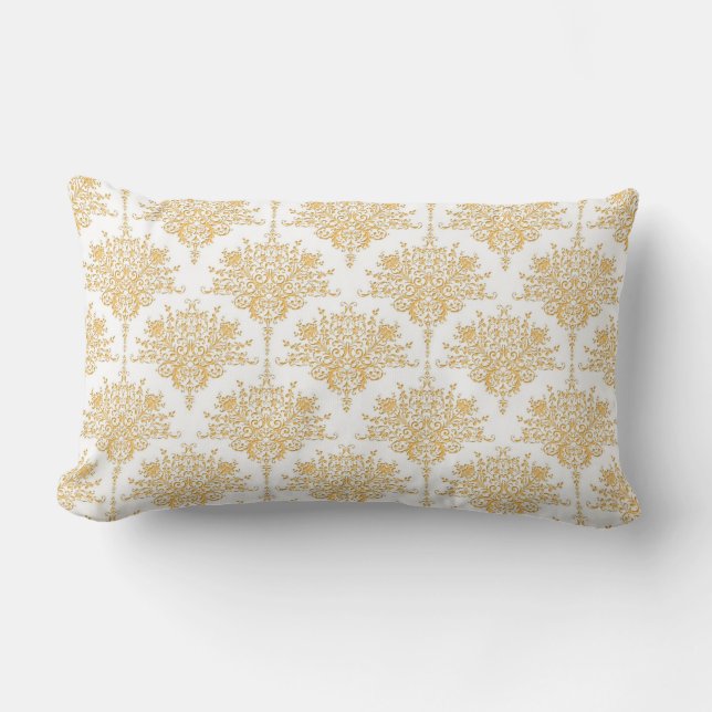 Floral Damask in Yellow Gold and White Lumbar Cushion (Front)