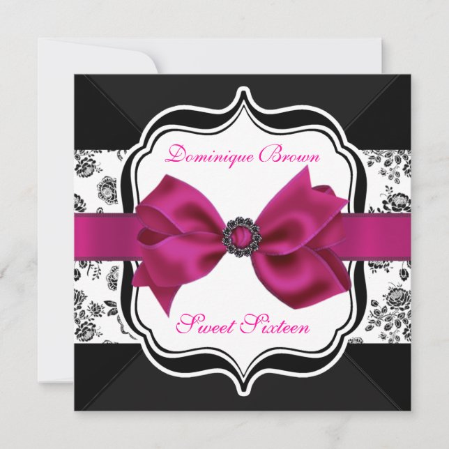 Floral Damask Invite with Pink Bow (Front)