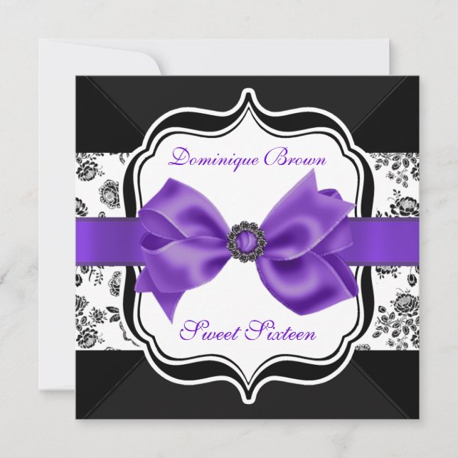 Floral Damask Invite with Purple Bow (Front)