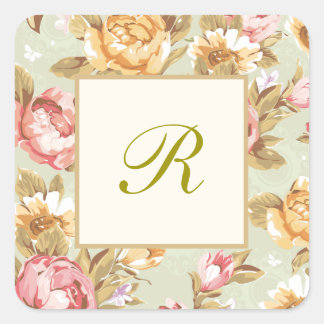 Floral Damask Monogram Square Sticker