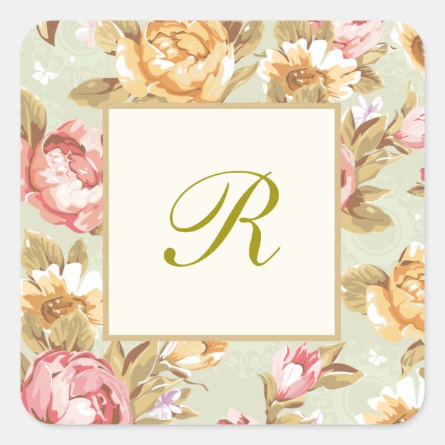Floral Damask Monogram Square Sticker (Front)