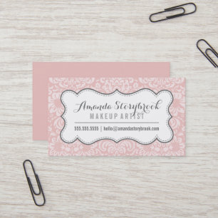 FLORAL DAMASK PATTERN cute vintage baby pink grey Business Card