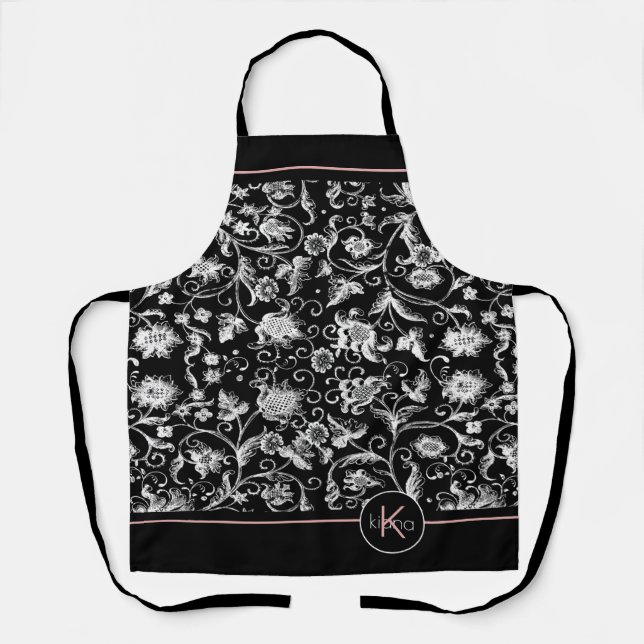 Floral Damask Pattern Monogram White/Any ID706 Apron (Front)