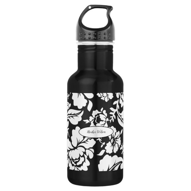 Floral Damask Pretty Water Bottle with Name (Front)