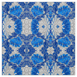 Floral Damask, Sapphire Blue and Grey Fabric