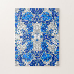 Floral Damask, Sapphire Blue and Grey Jigsaw Puzzle