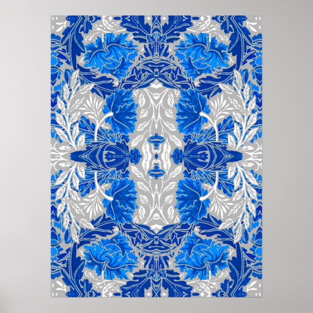 Floral Damask, Sapphire Blue and Grey Poster (Front)