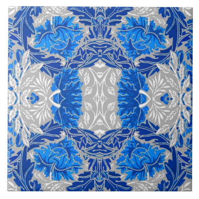 Floral Damask, Sapphire Blue and Grey  Tile (Front)