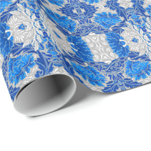 Floral Damask, Sapphire Blue and Grey  Wrapping Paper