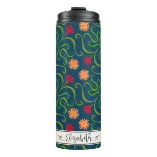 Floral Damask Sunflower Boho Navy Blue Folk Art Thermal Tumbler