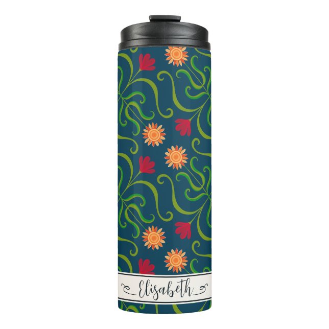    Floral Damask Sunflower Boho Navy Blue Folk Art Thermal Tumbler (Front)