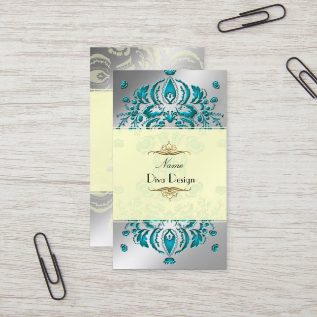 Floral Damask Teal/Faux Silver Business Card (Front/Back In Situ)