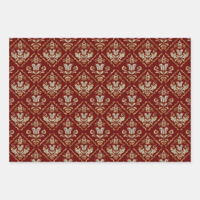 Floral damasks on 3 colours background wrapping paper sheet (Front)