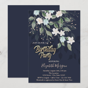 Floral Dark Blue Birthday Party Invitation