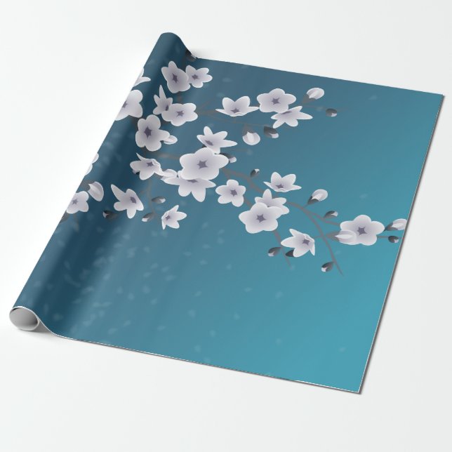 Floral Dark Blue Cherry Blossoms Wrapping Paper (Unrolled)