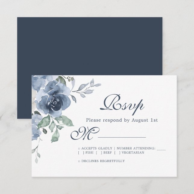 Floral Dark Blue Ivory Rose Wedding RSVP Card (Front/Back)