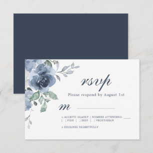 Floral Dark Blue Ivory Rose Wedding RSVP  Card