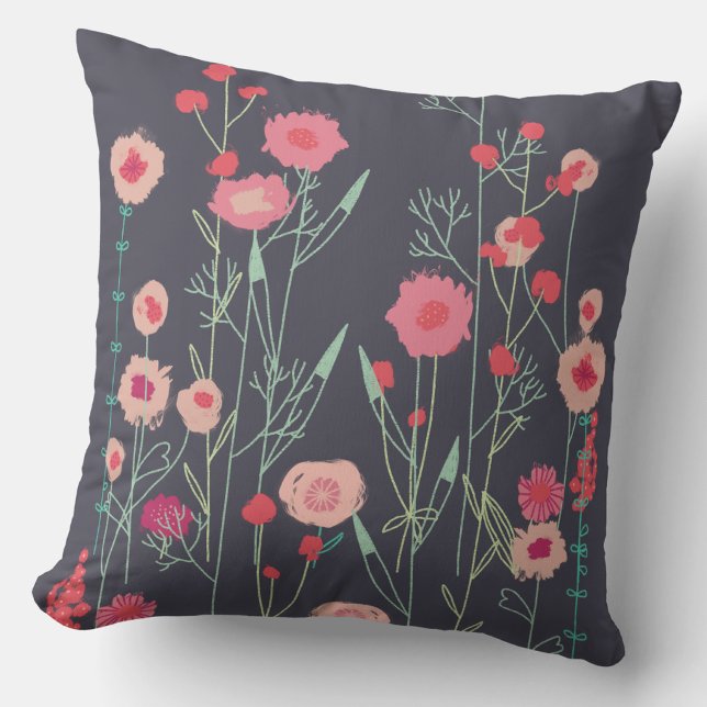 Floral Dark Cushion (Dark floral wildflower throw pillow)