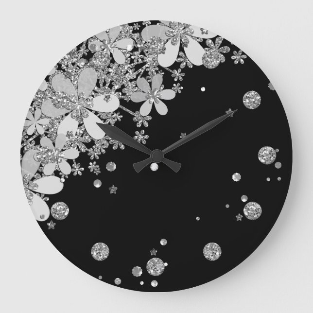Floral dark flowers glitter silver elegant black g large clock (Front)