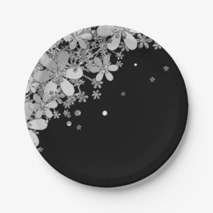 Floral dark flowers glitter silver elegant black g paper plate
