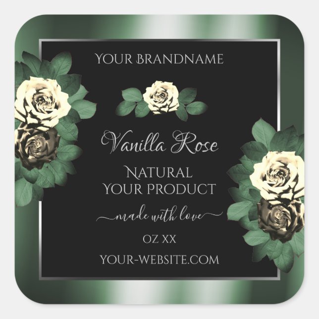 Floral Dark Green Black Product Labels Leafy Roses (Front)